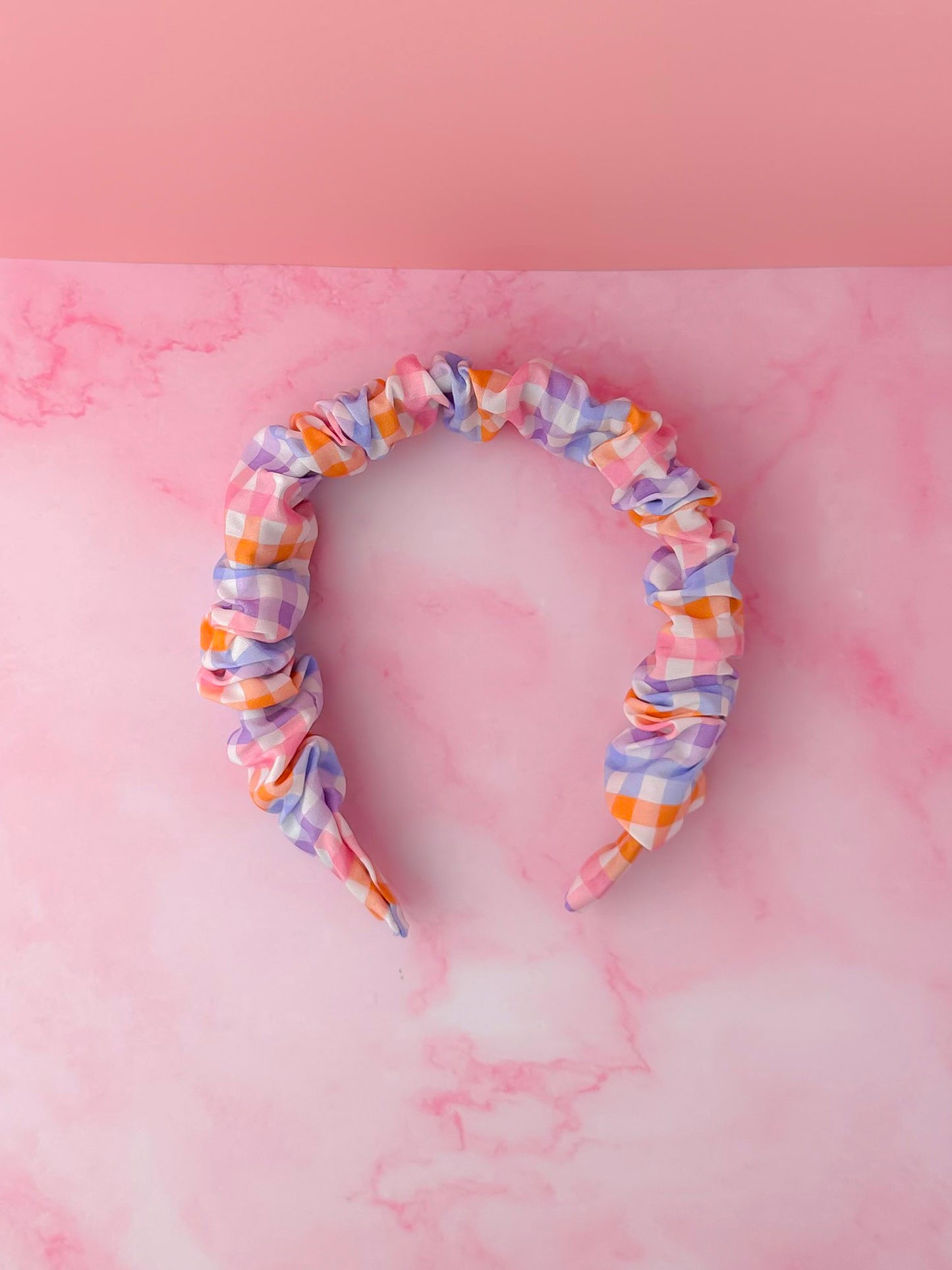 Jess - Lilac and orange gingham Scrunchie Headband