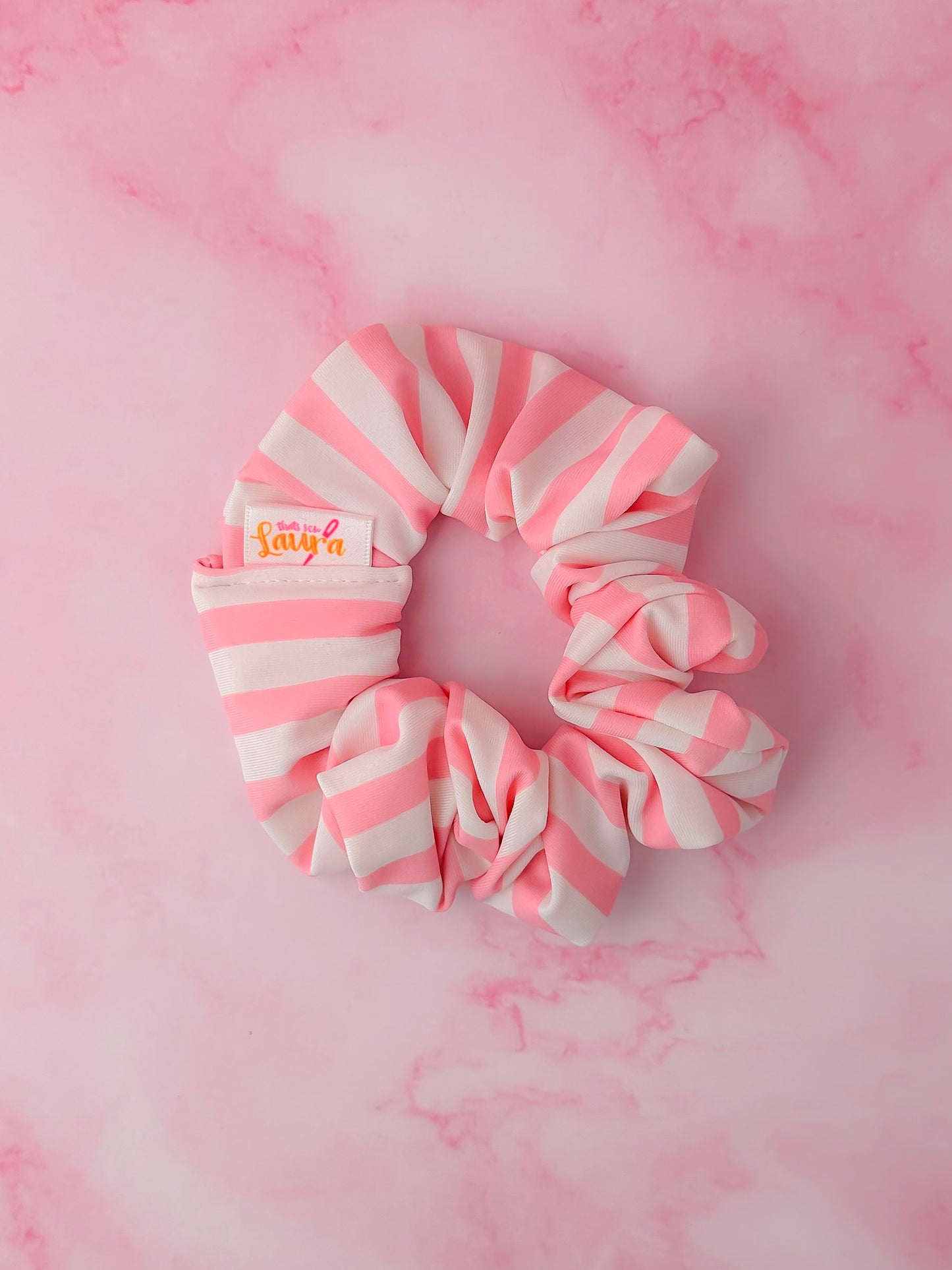 Kelly - Pink & White striped print classic gym & swim scrunchie