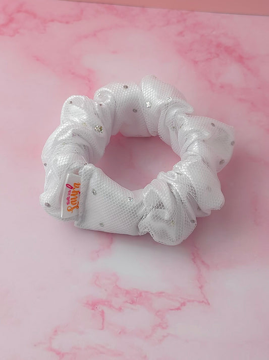 Stellar - White satin and net sparkle wide scrunchie