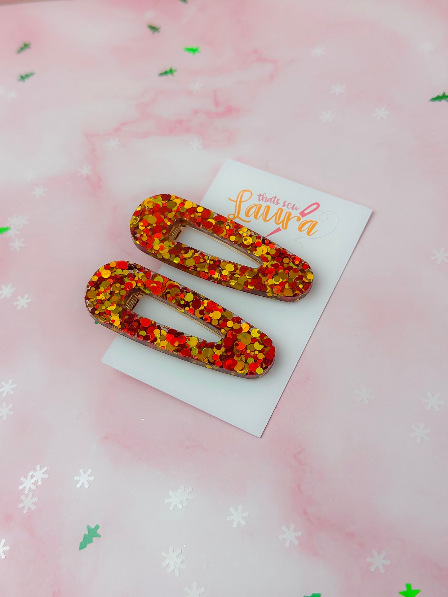 Cosy Christmas - Gold & Red Glitter Resin Hair Clips