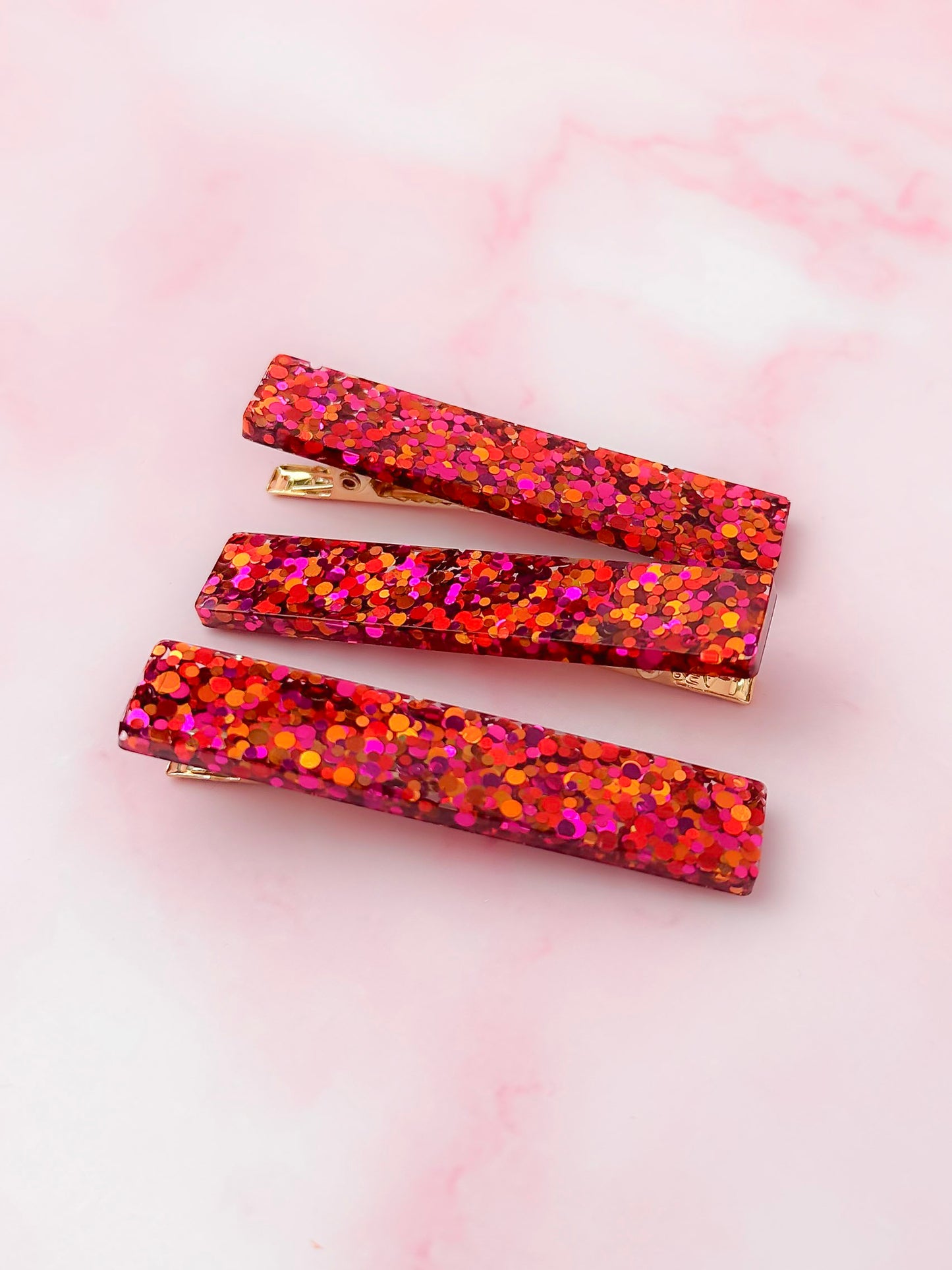 Scorpio - Pink & Orange Glitter Trio Resin Hair Clips