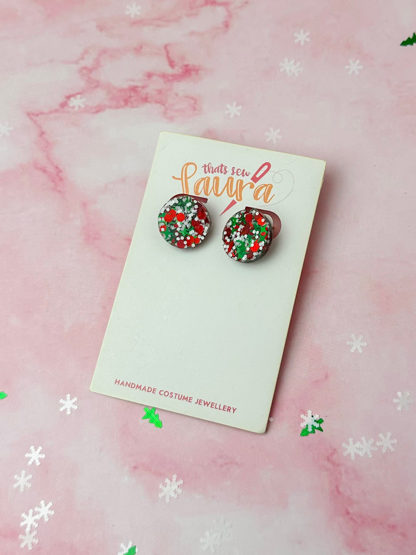 Festive Circles - Red, Green & White glitter Resin stud Earrings