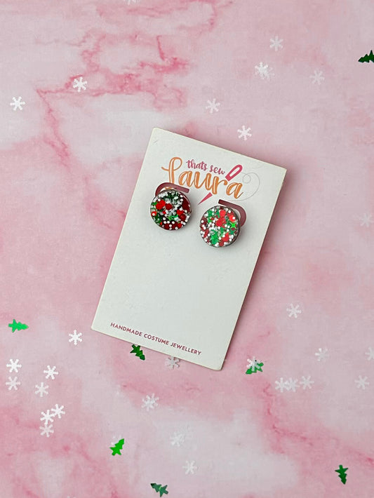 Festive Circles - Red, Green & White glitter Resin stud Earrings