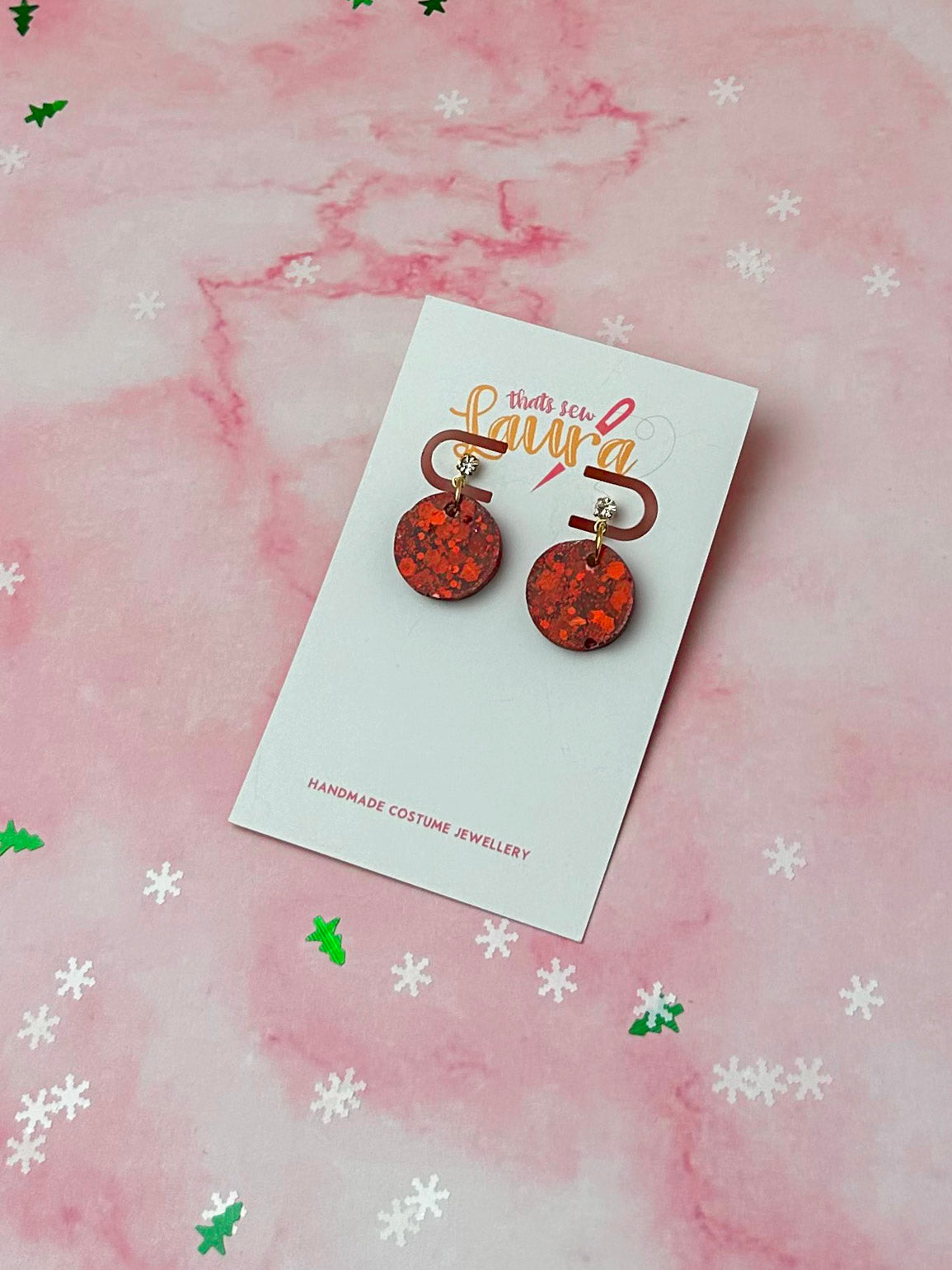 Red circle drops - Red glitter Resin stud Earrings
