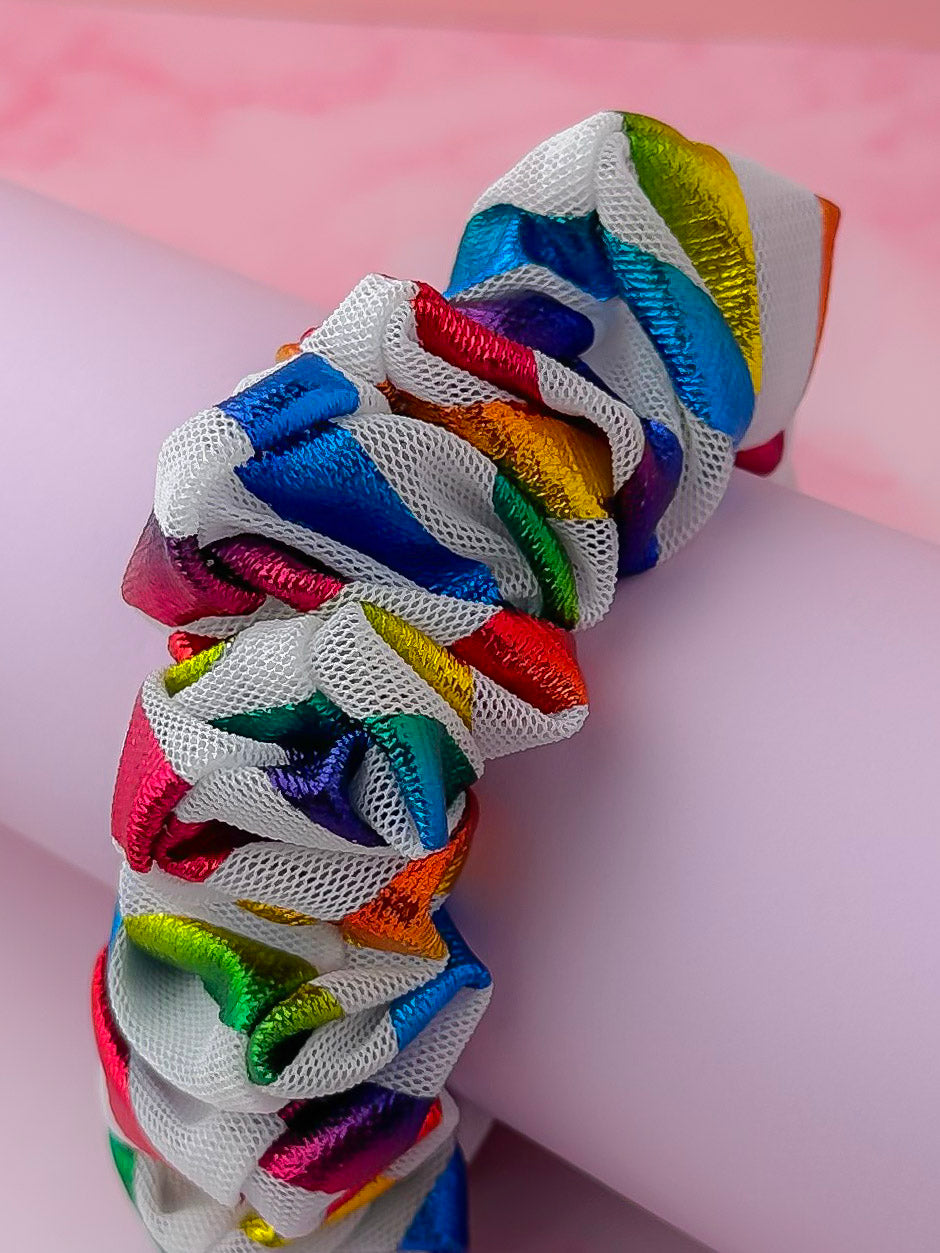 Pride - Multicolour metallic mesh wide scrunchie