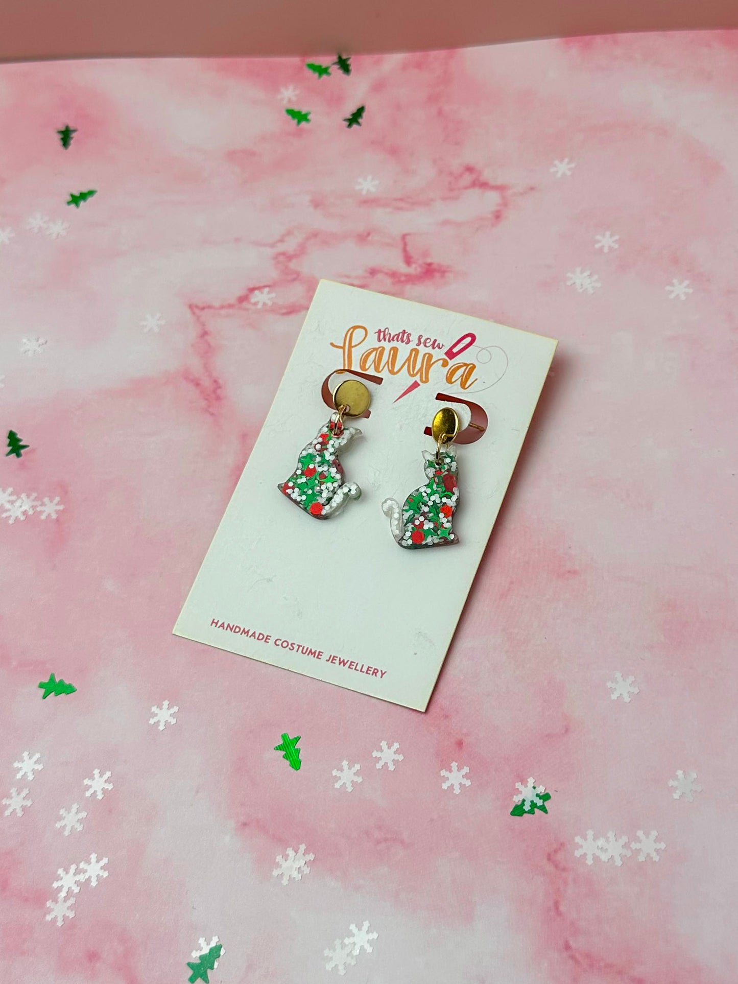Festive Cats - Green, white & Red glitter Resin stud Earrings