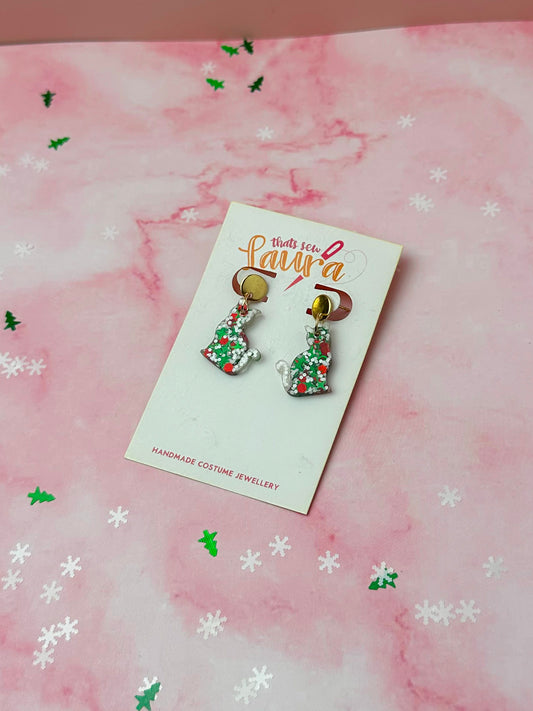 Festive Cats - Green, white & Red glitter Resin stud Earrings