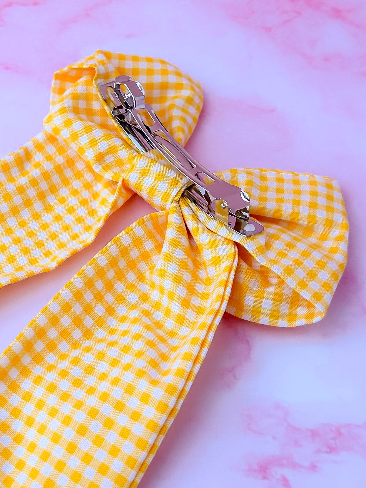Back to School -Yellow gingham long Hair Bow