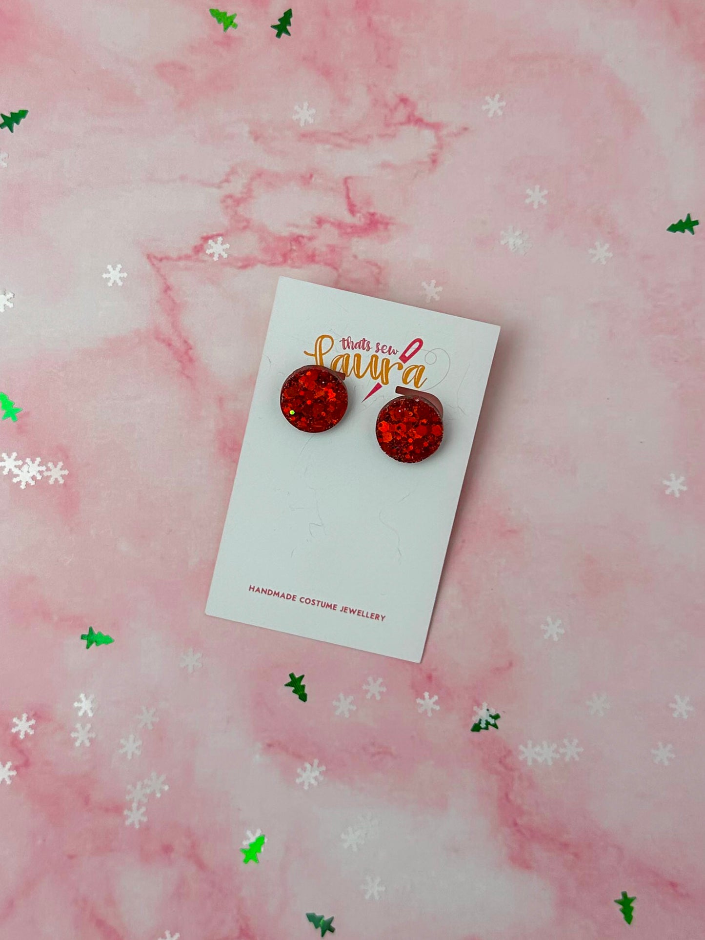 Red circle - Red glitter Resin stud Earrings