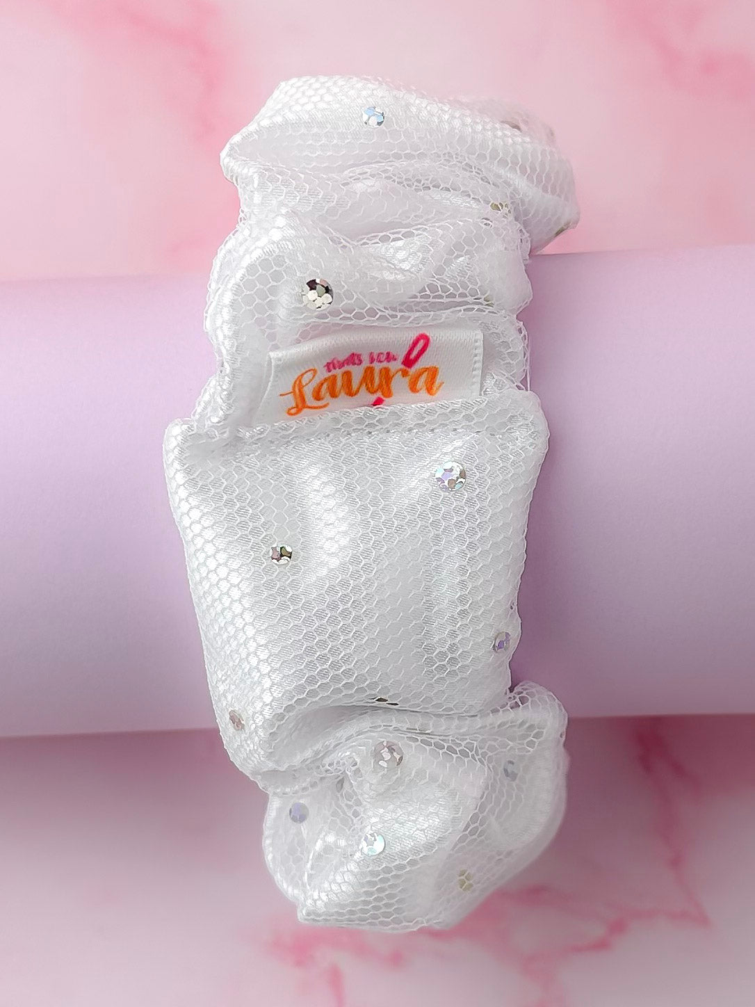 Stellar - White satin and net sparkle wide scrunchie