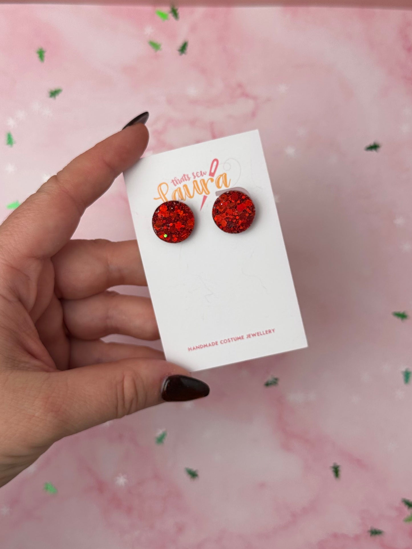 Red circle - Red glitter Resin stud Earrings