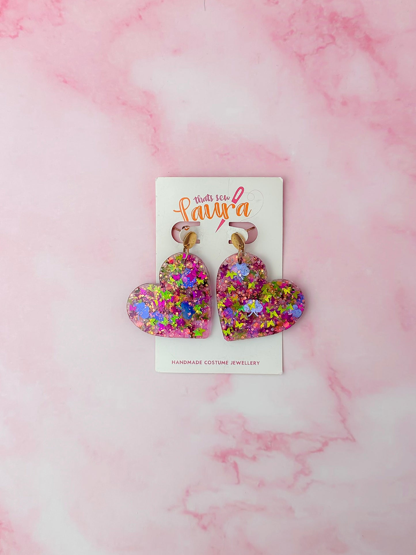 Secret Garden Heart - Pink floral butterfly glitter Resin Earrings
