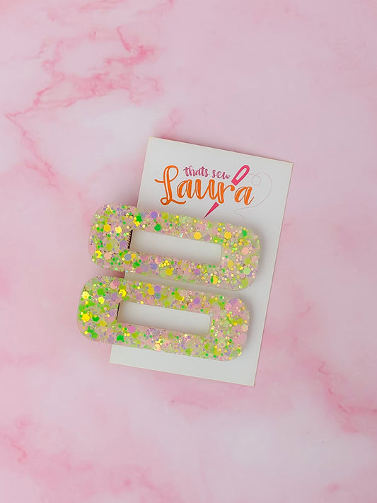 Wicked - Pink and Green iridescent Oblong Glitter Resin Hair Clips