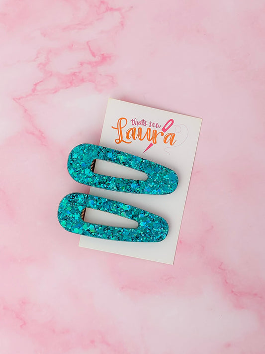 Teal - Blue Glitter Resin Hair Clips