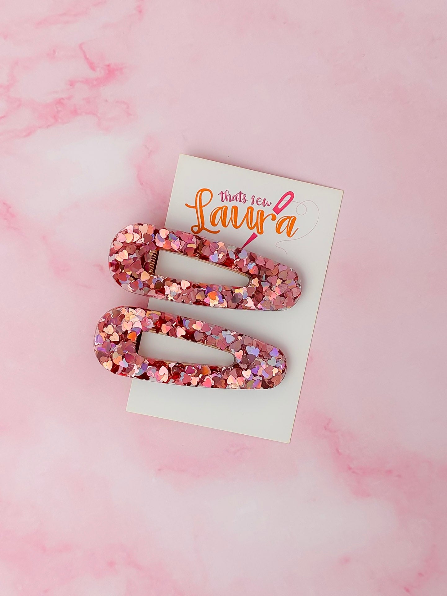 Romance - Pink Heart Glitter Resin Hair Clips