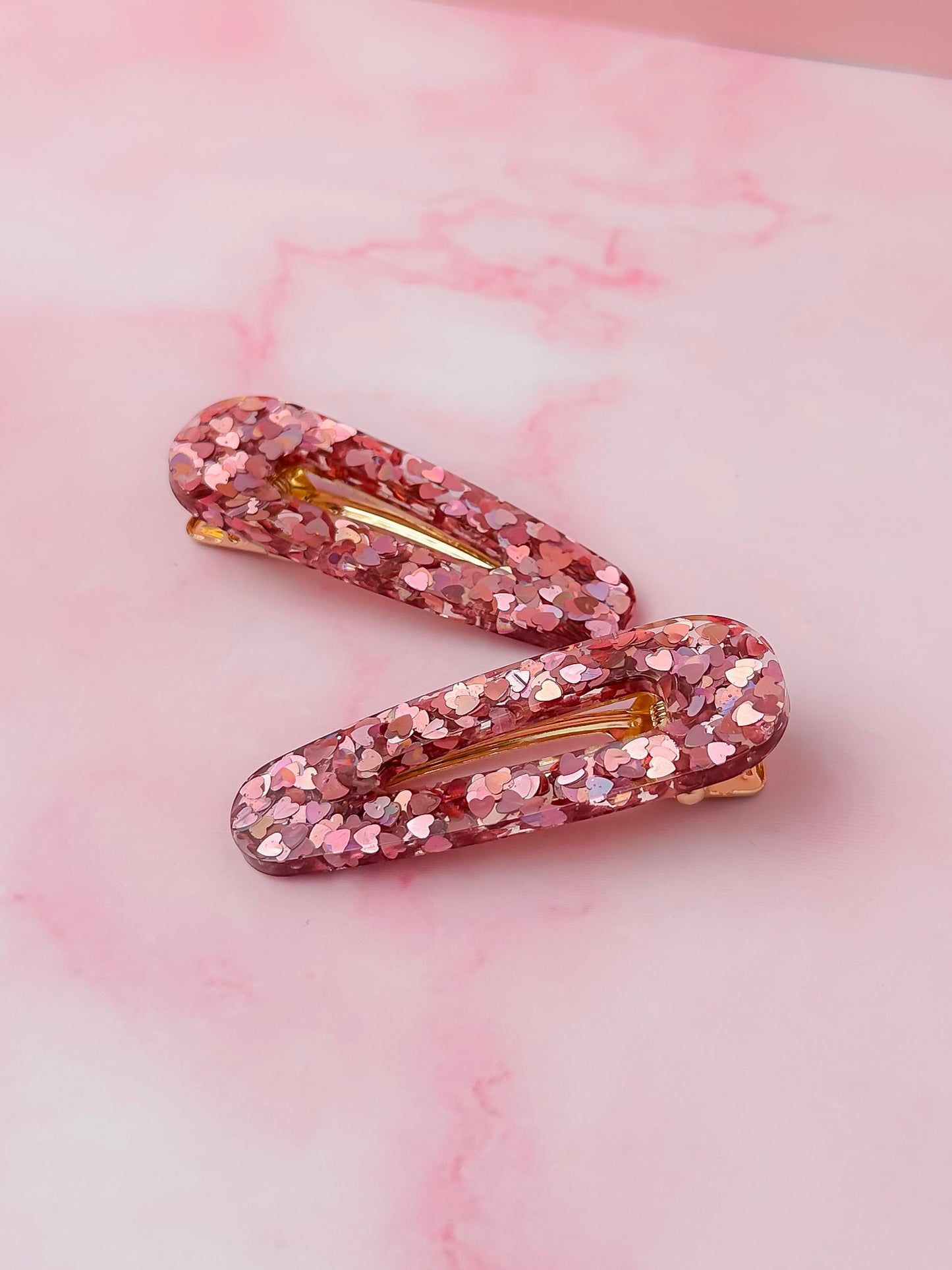 Romance - Pink Heart Glitter Resin Hair Clips