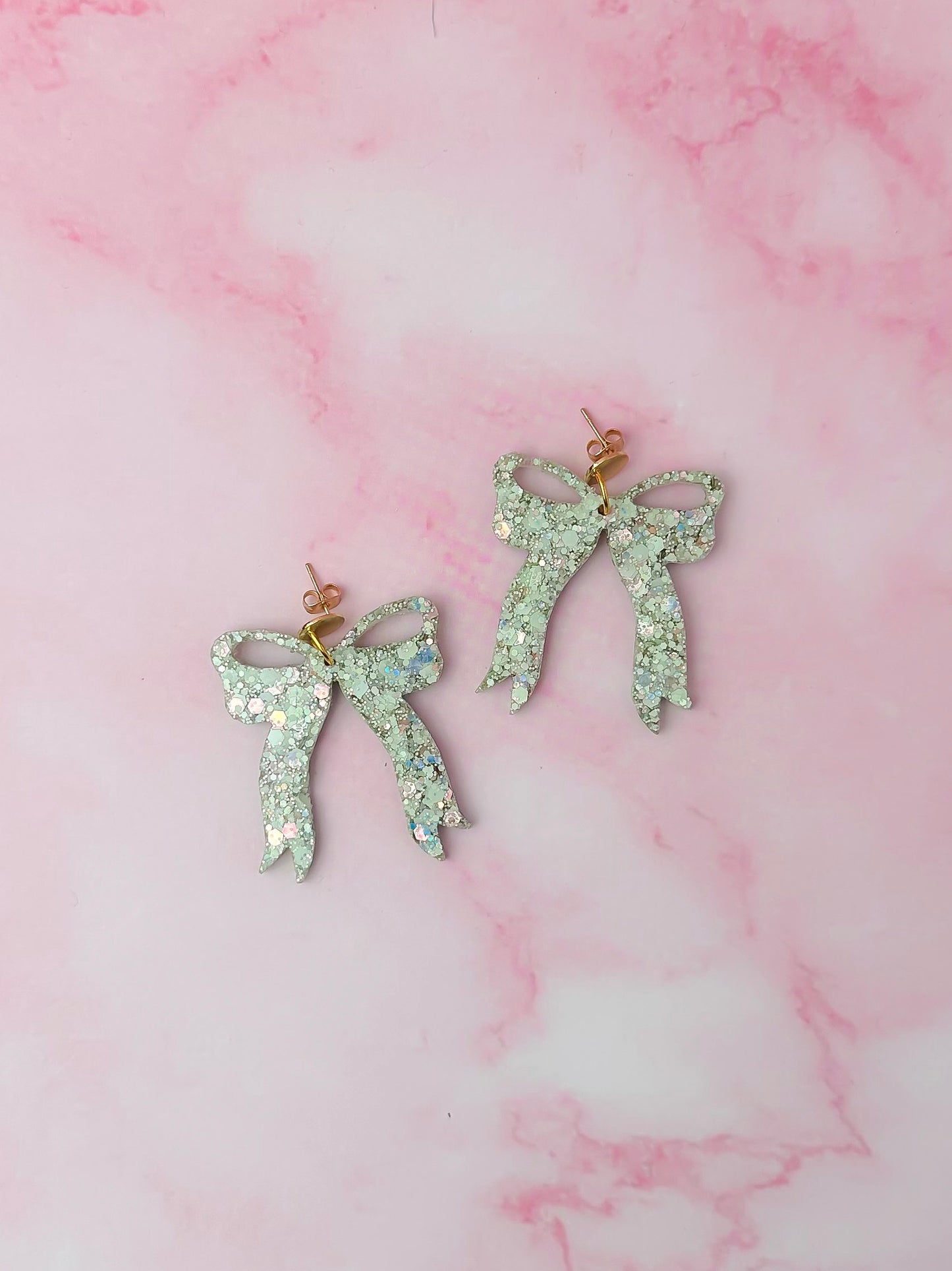 Meadow Bows - green and gold glitter Resin Earrings