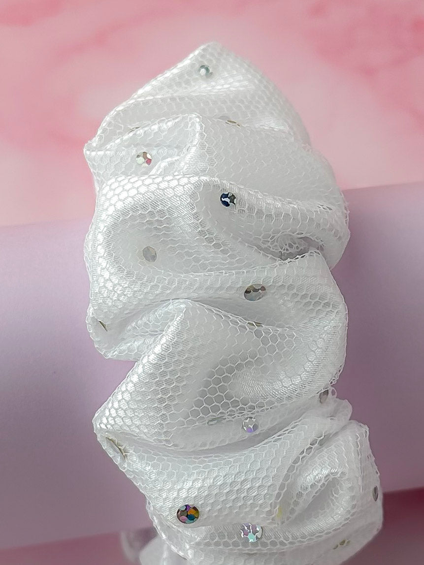 Stellar - White satin and net sparkle wide scrunchie