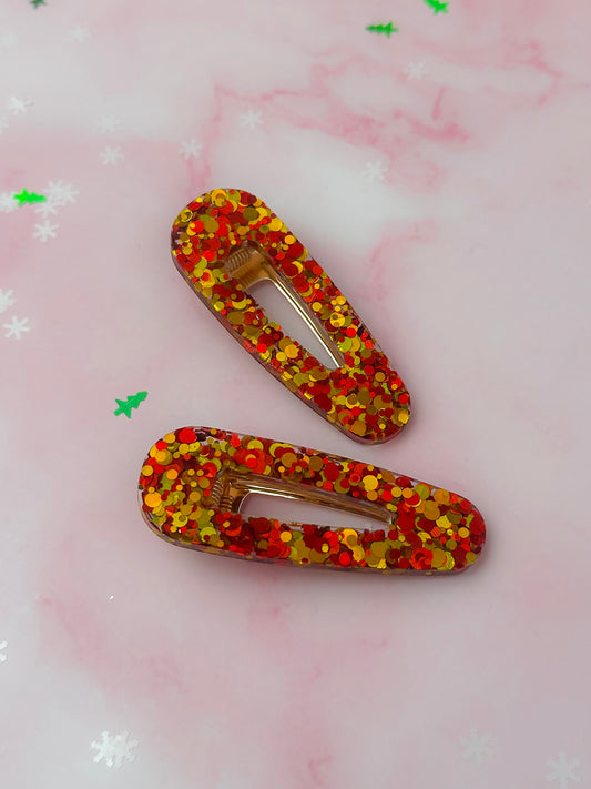 Cosy Christmas - Gold & Red Glitter Resin Hair Clips