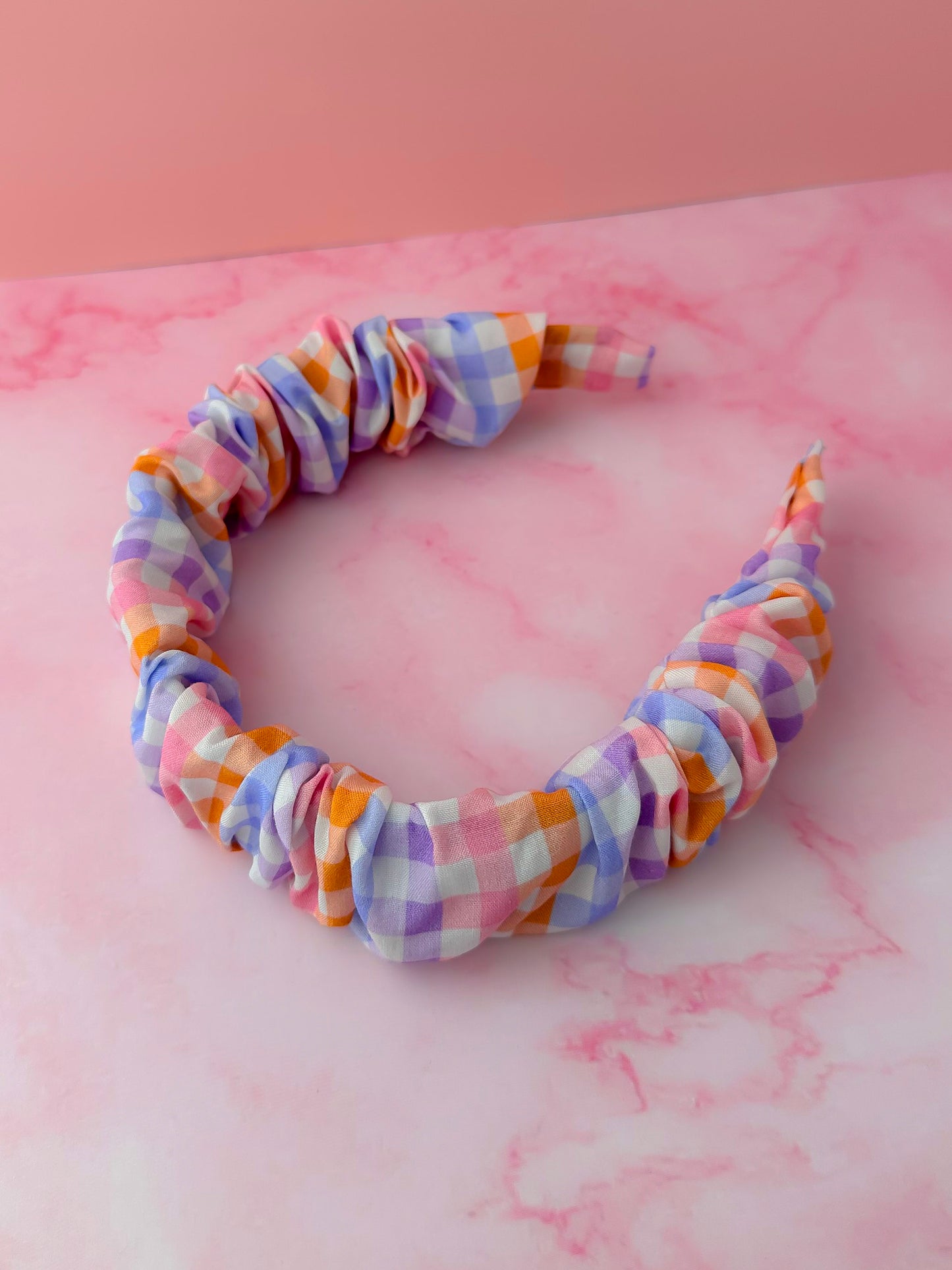 Jess - Lilac and orange gingham Scrunchie Headband