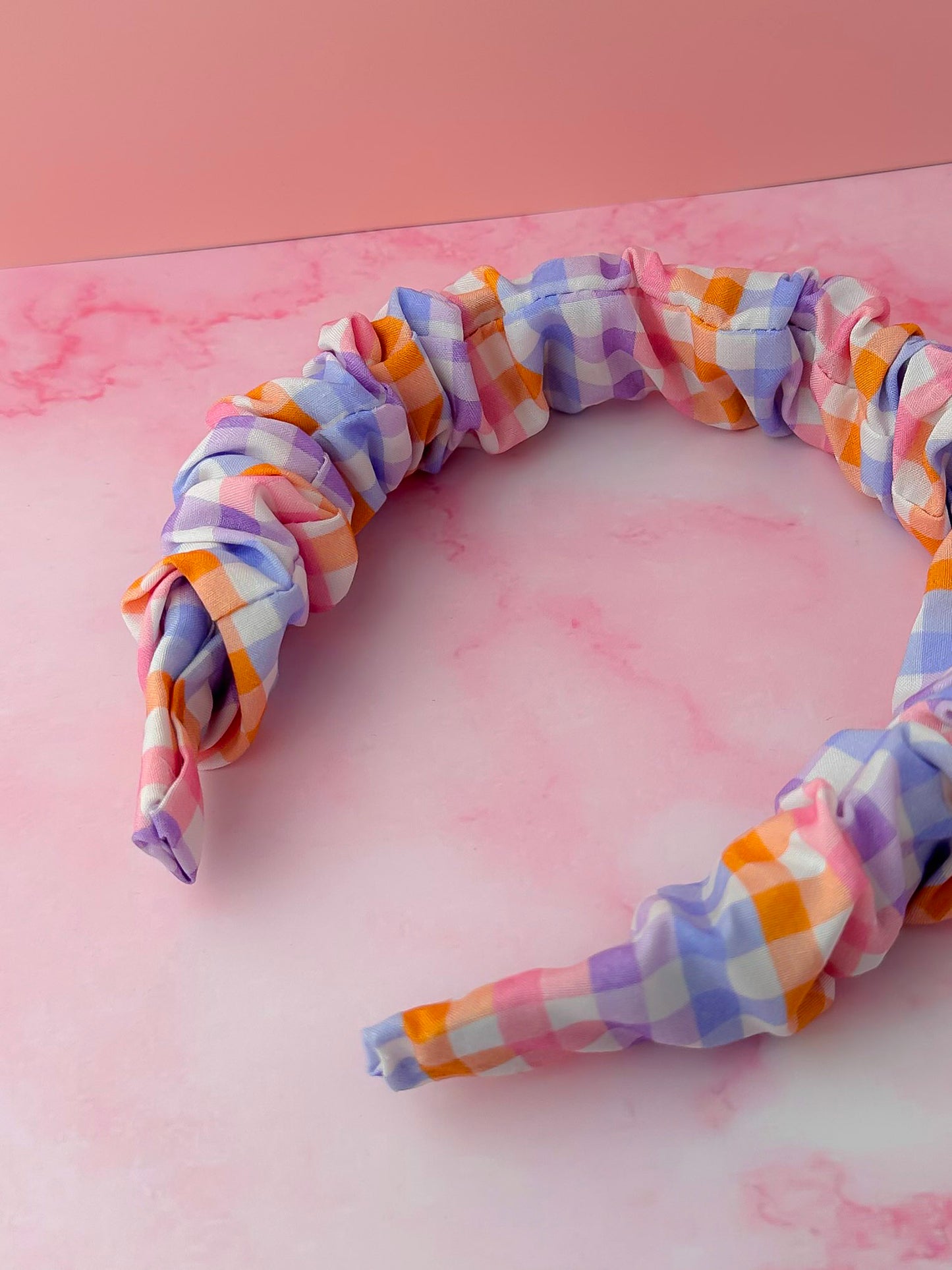 Jess - Lilac and orange gingham Scrunchie Headband