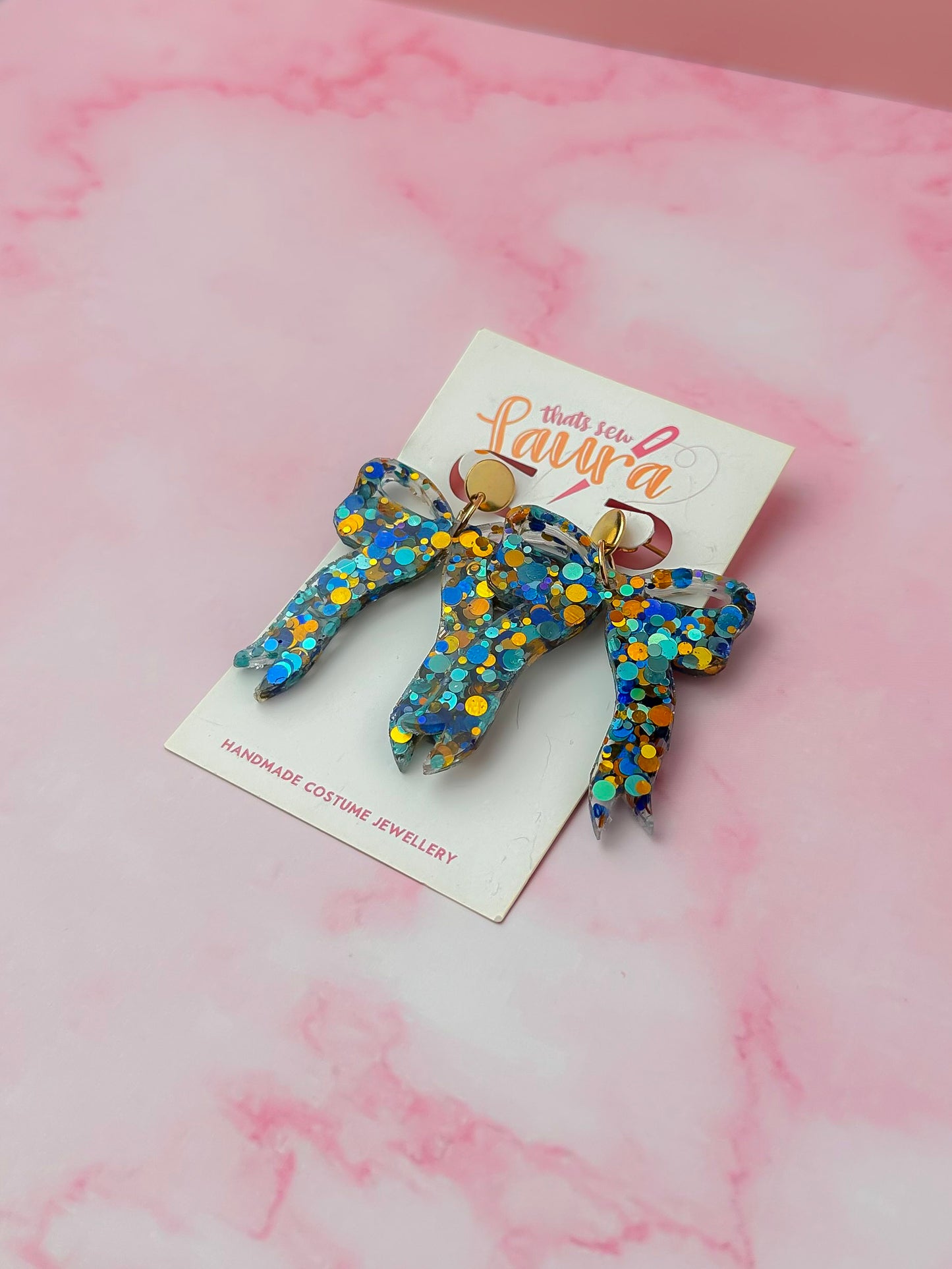 Hermes Bows - blue & gold glitter Resin Earrings