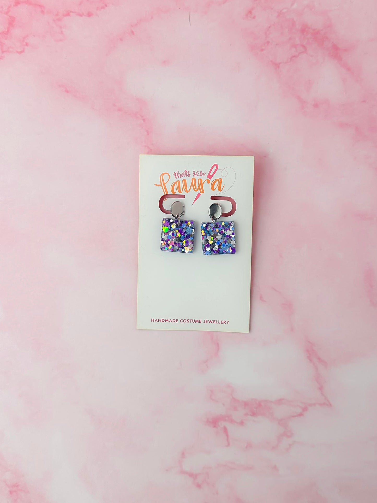 Cancer Silver Squares - Silver, blue & purple glitter Resin Earrings