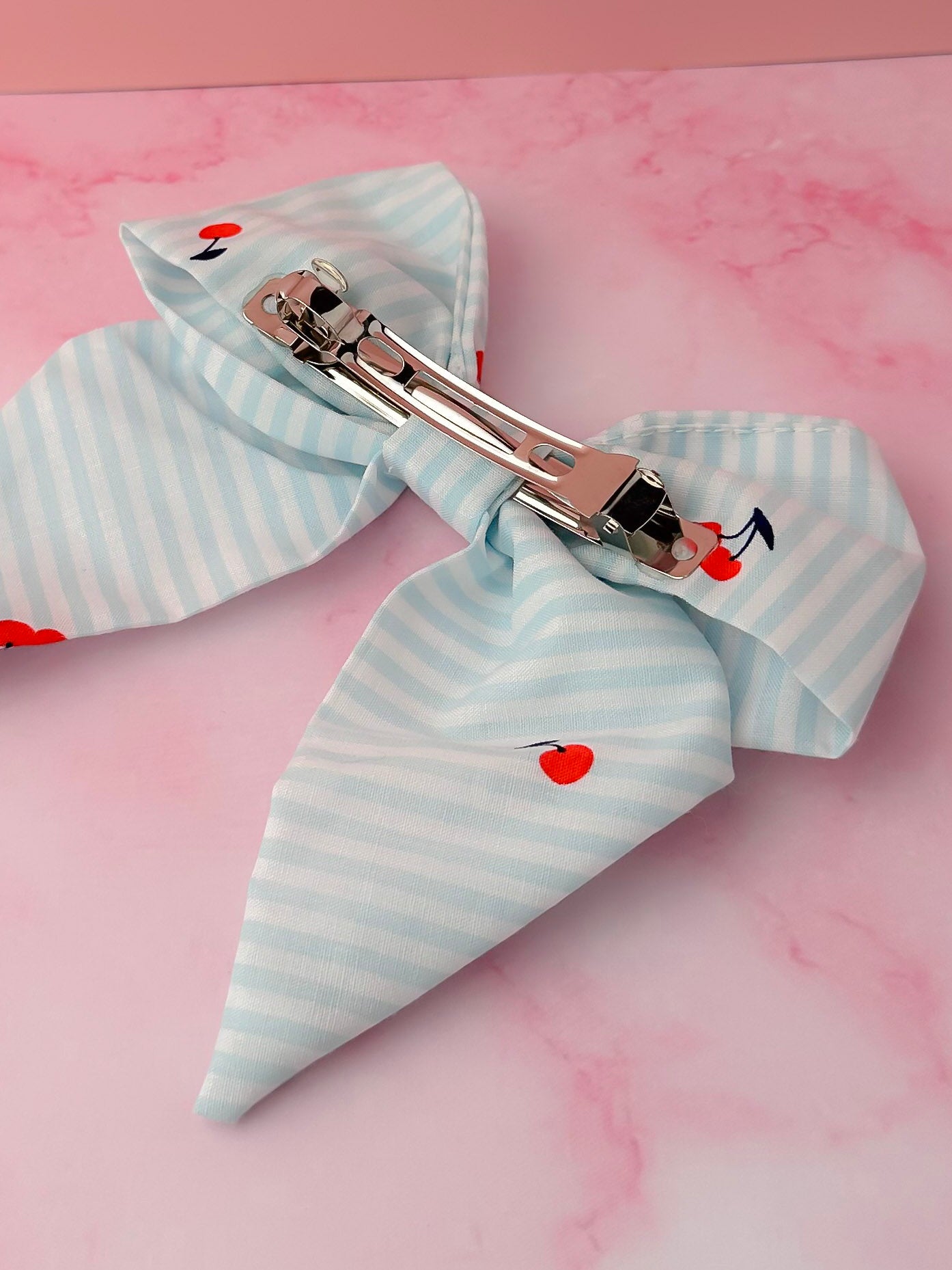 Cherrie - Blue and white striped cherry print classic Hair Bow