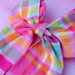 Layla -Pink and silver plaid long Hair Bow