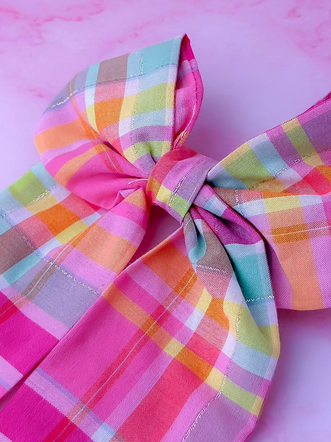 Layla -Pink and silver plaid long Hair Bow