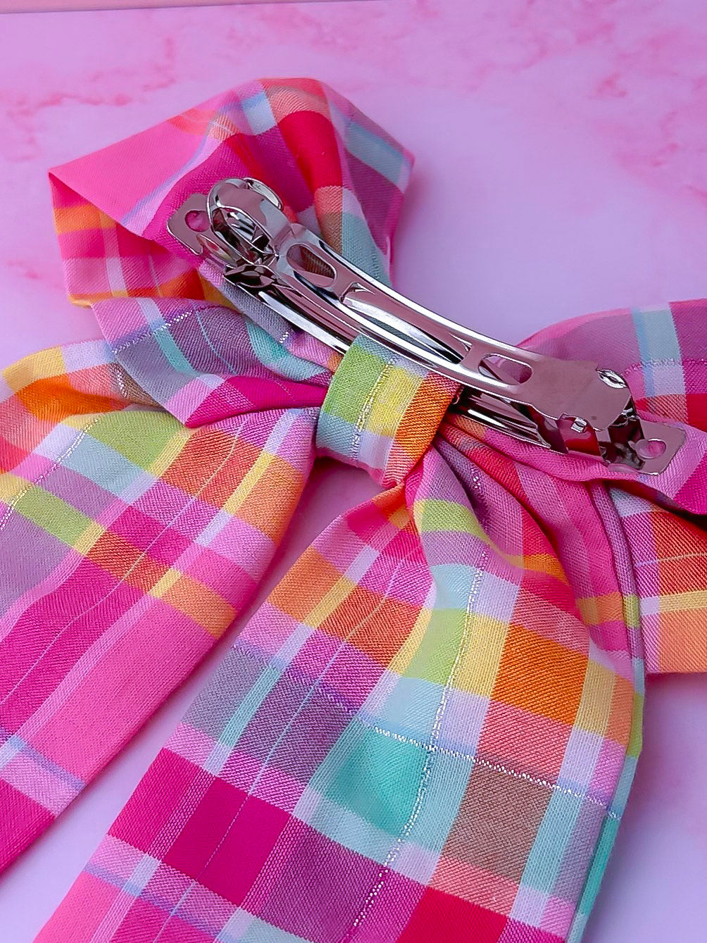 Layla -Pink and silver plaid long Hair Bow