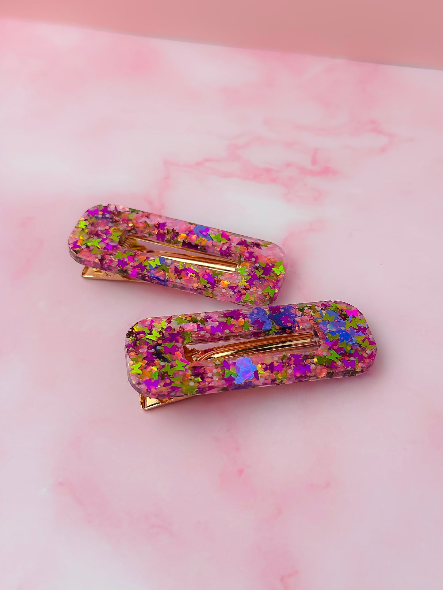 Secret Garden - Pink Butterfly Glitter oblong Resin Hair Clips