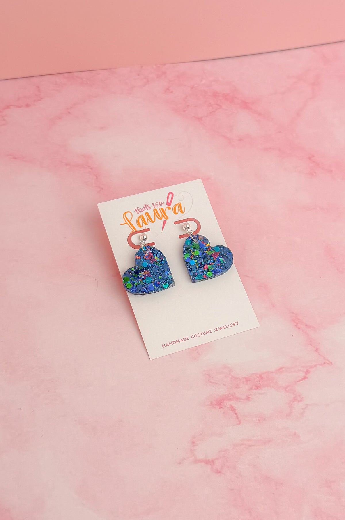Atomic Heart - Blue and green holographic glitter heart shaped Resin Earrings