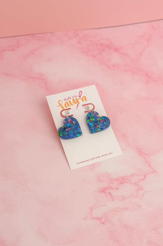 Atomic Heart - Blue and green holographic glitter heart shaped Resin Earrings