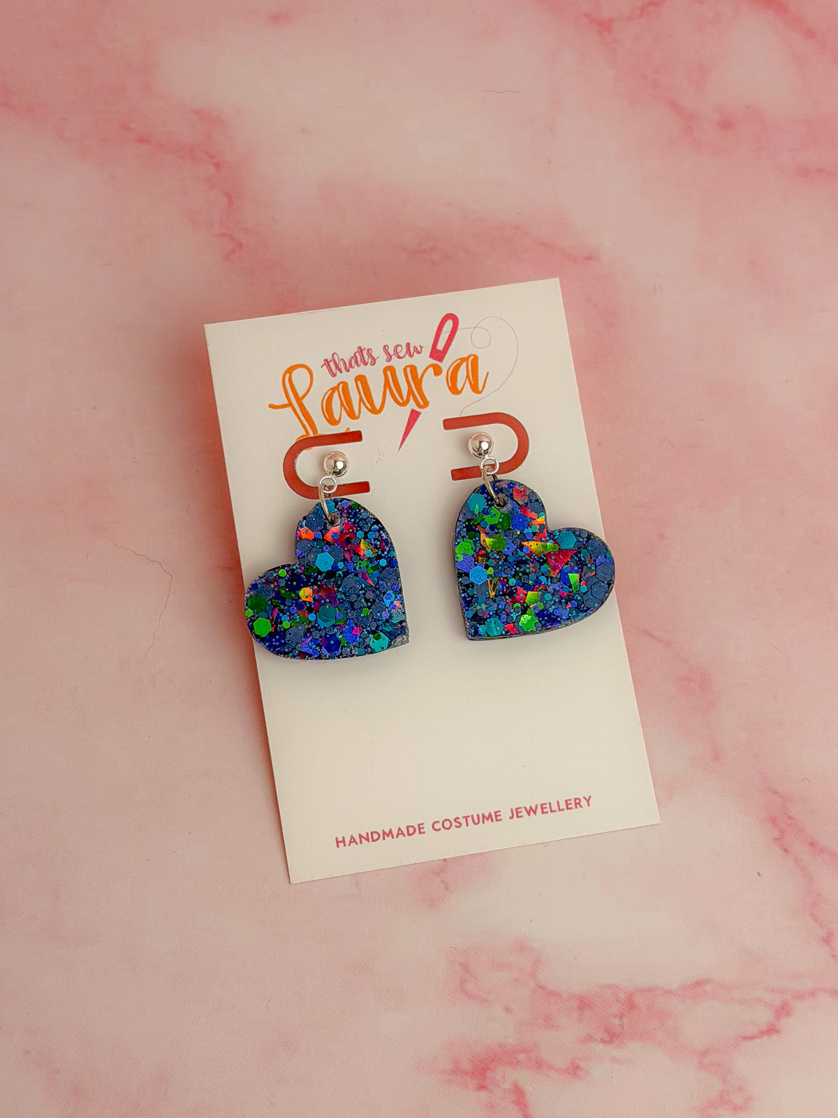 Atomic Heart - Blue and green holographic glitter heart shaped Resin Earrings