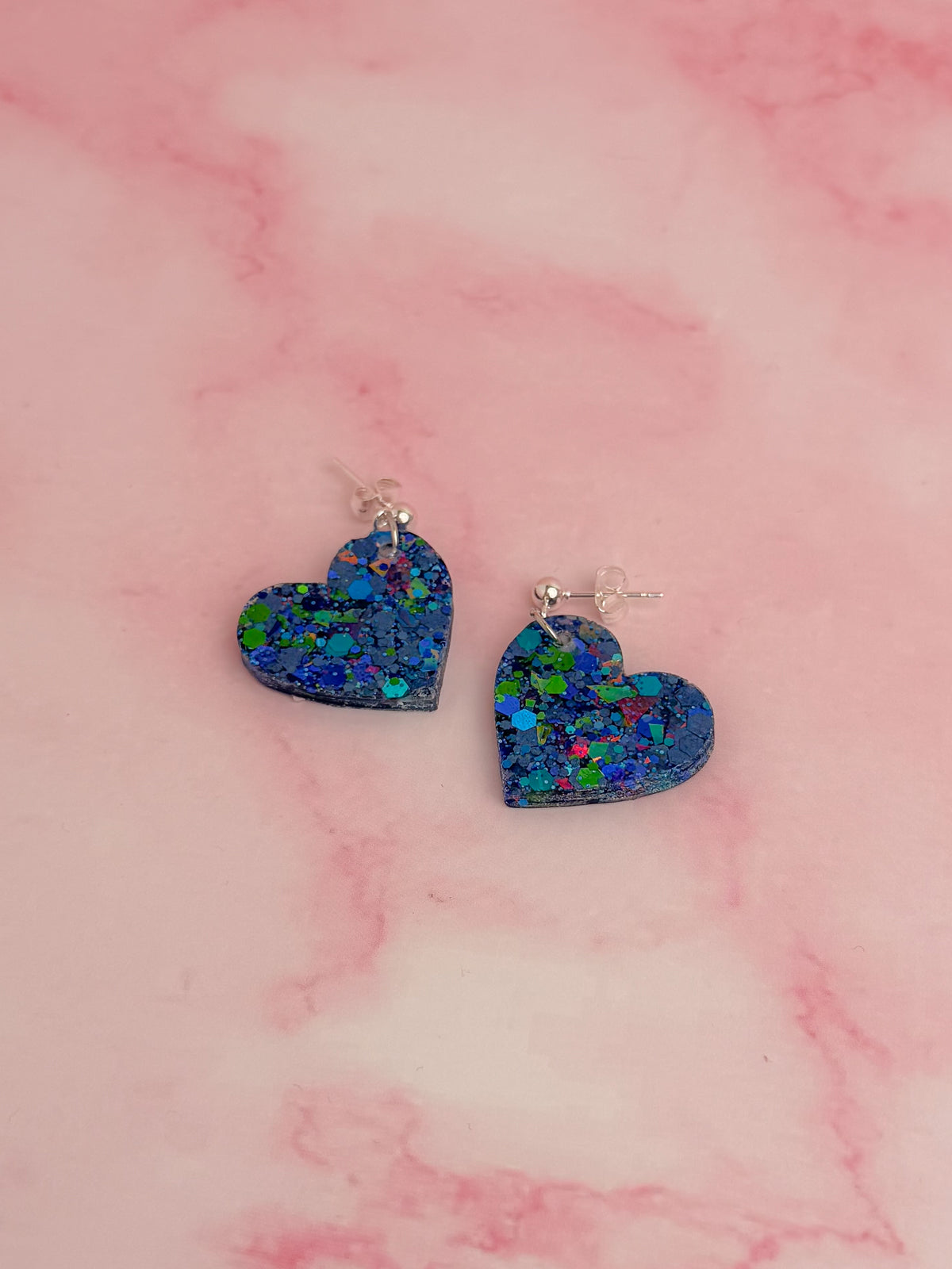 Atomic Heart - Blue and green holographic glitter heart shaped Resin Earrings