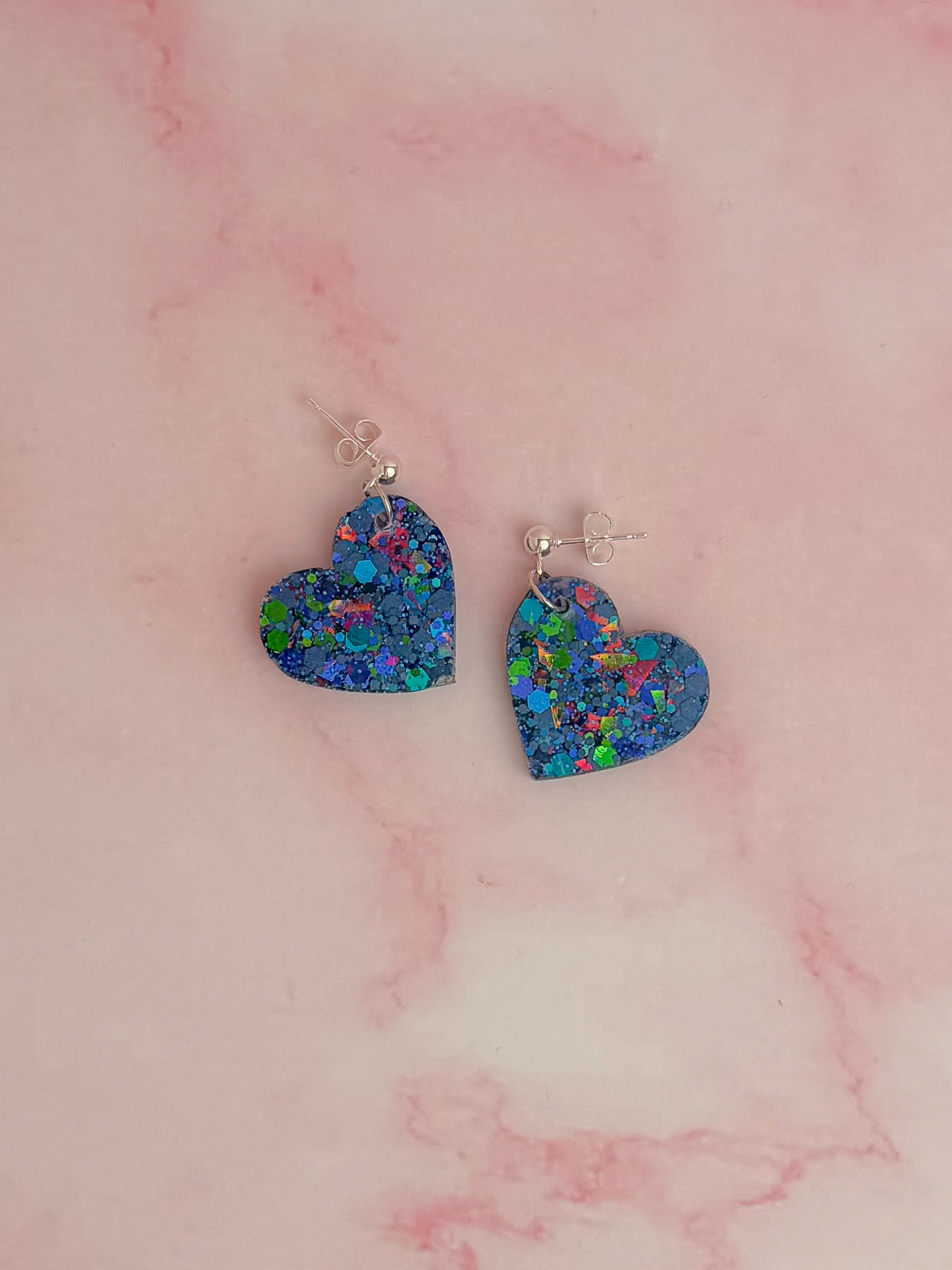 Atomic Heart - Blue and green holographic glitter heart shaped Resin Earrings