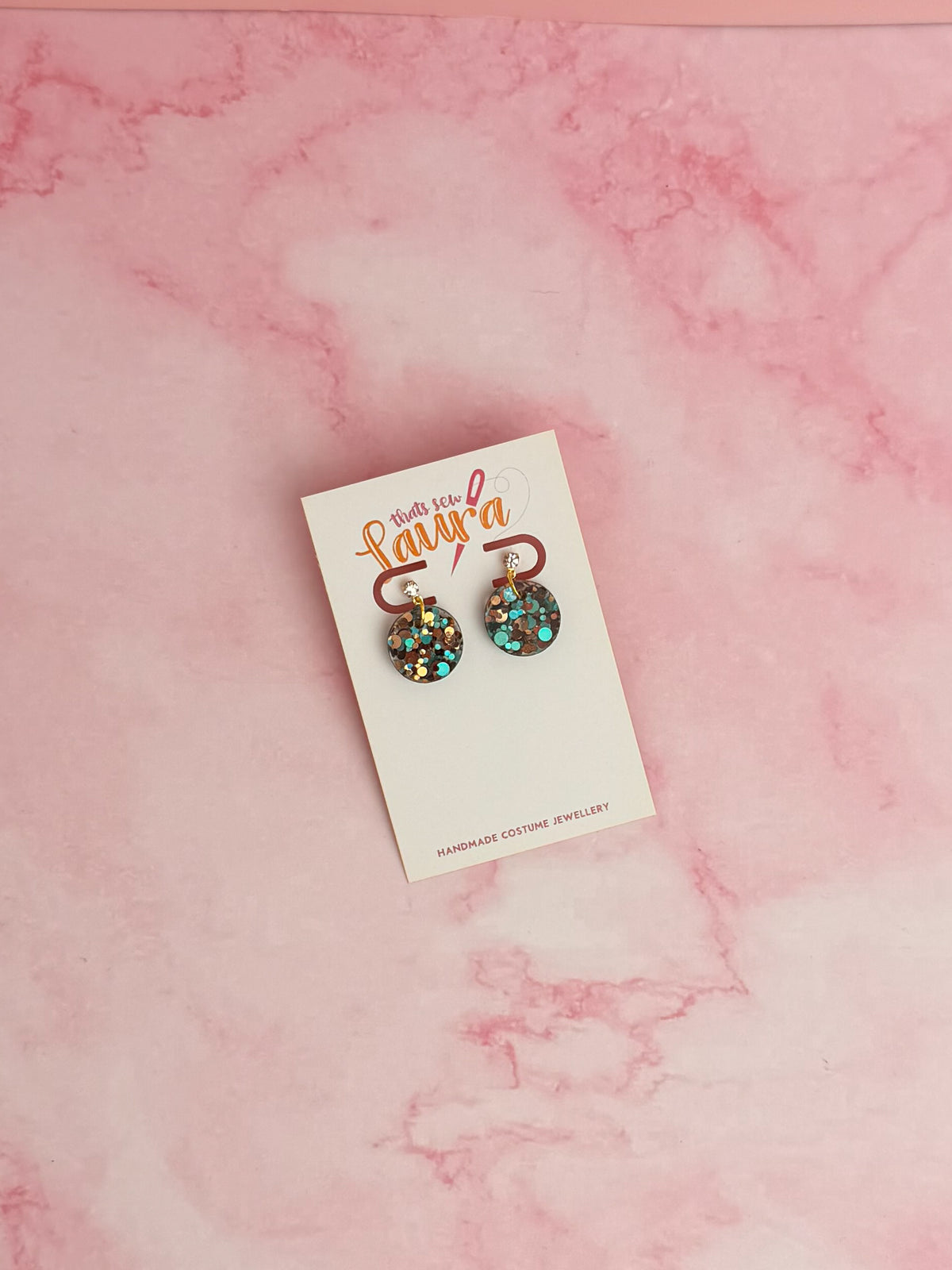 Goldstone CZ circle drops - Blue gold and brown glitter Resin stud Earrings