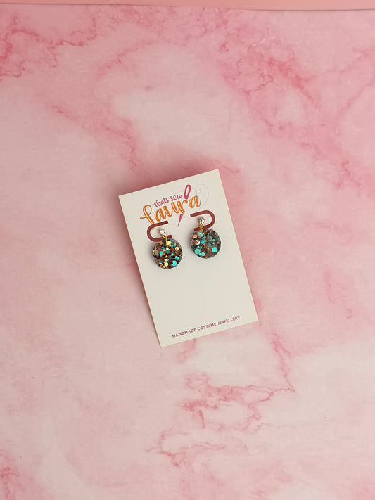 Goldstone CZ circle drops - Blue gold and brown glitter Resin stud Earrings