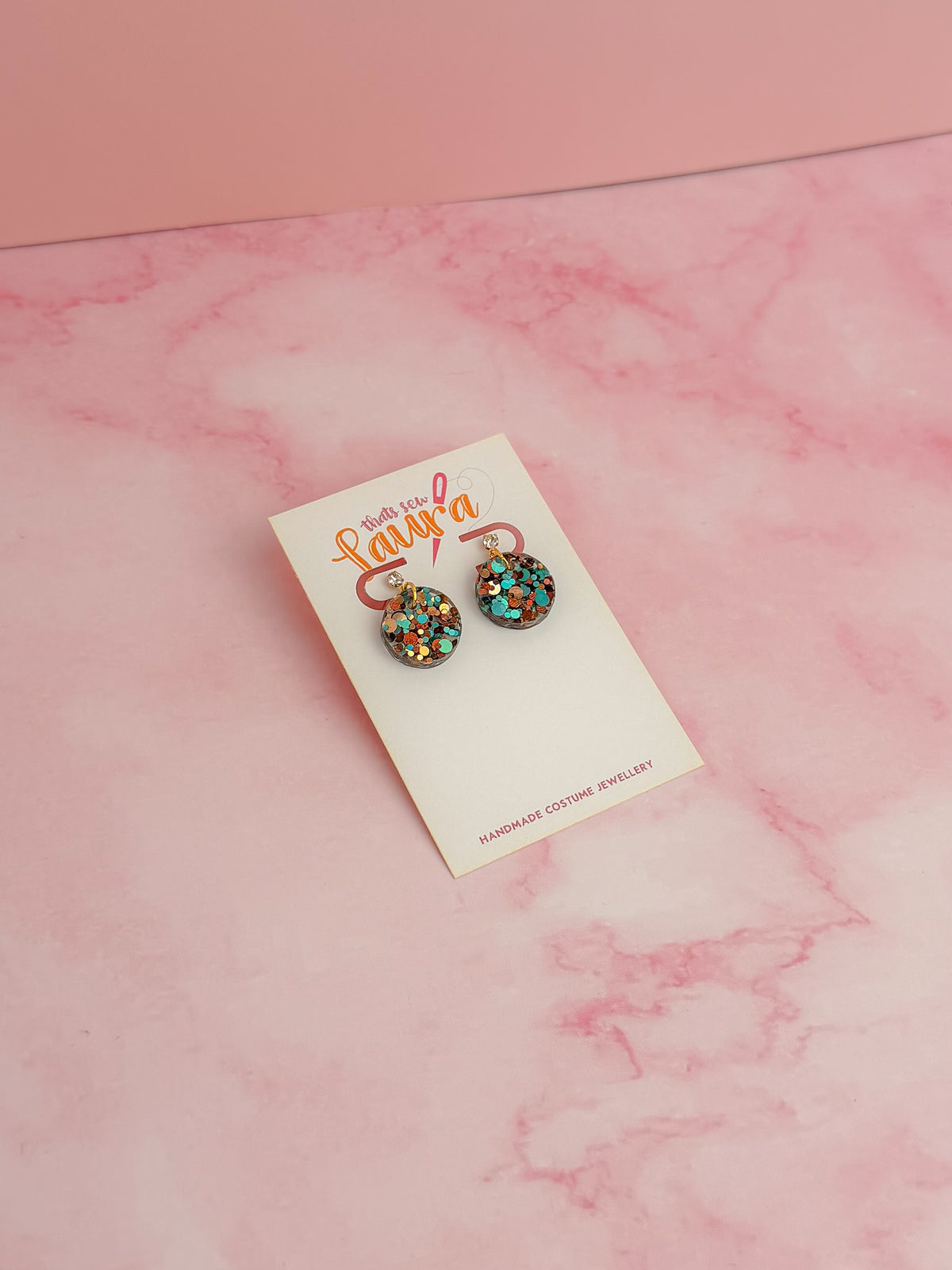 Goldstone CZ circle drops - Blue gold and brown glitter Resin stud Earrings