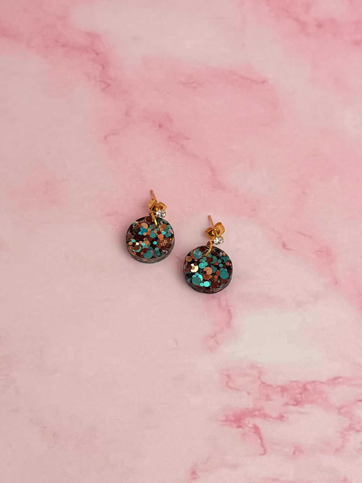 Goldstone CZ circle drops - Blue gold and brown glitter Resin stud Earrings