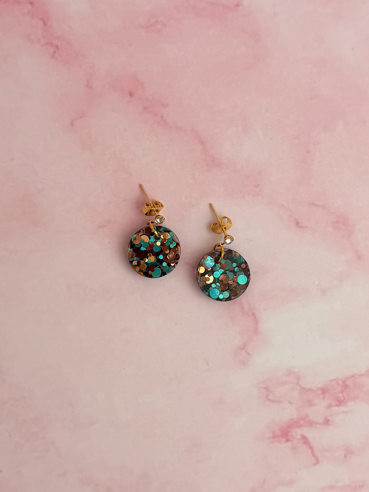 Goldstone CZ circle drops - Blue gold and brown glitter Resin stud Earrings
