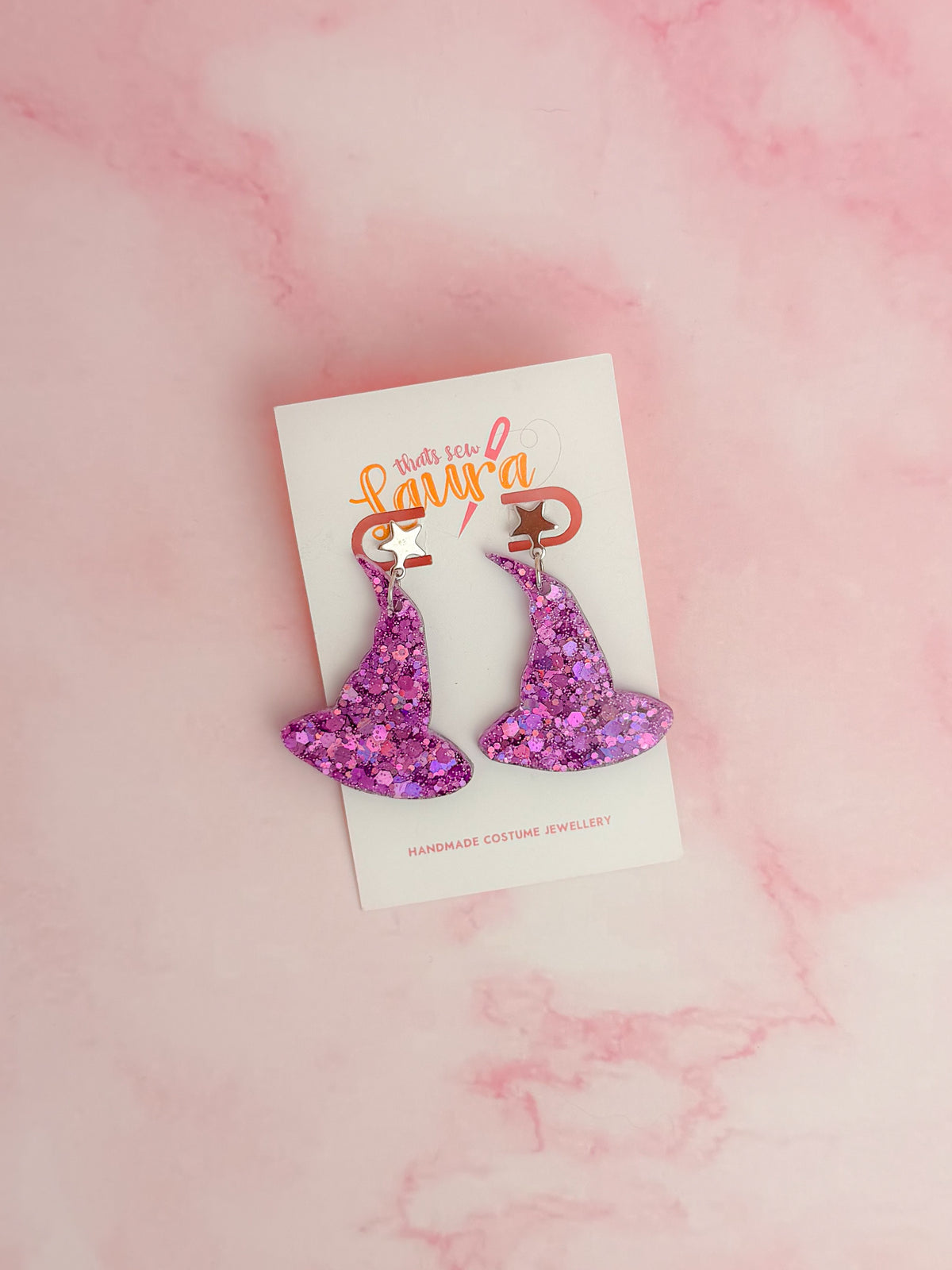 Witcy - Purple glitter witches hat shaped Resin Earrings with Stainless steel star post