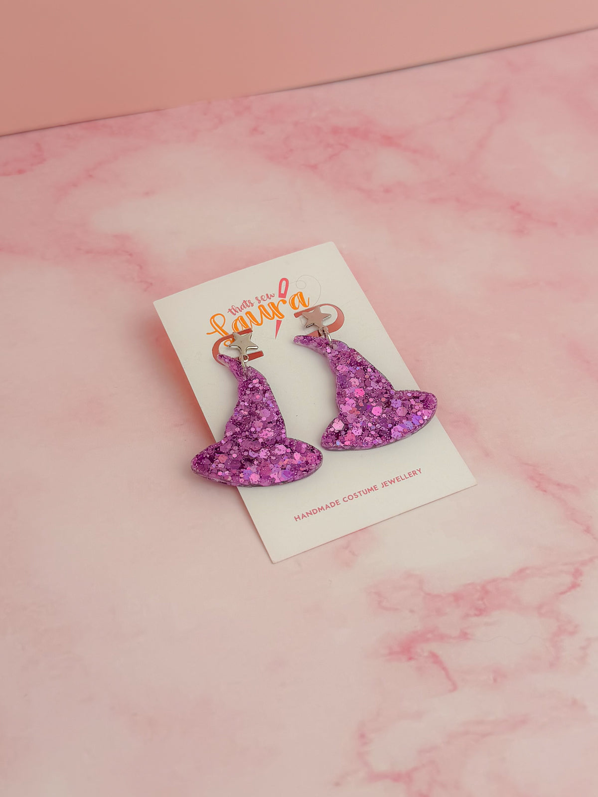 Witcy - Purple glitter witches hat shaped Resin Earrings with Stainless steel star post