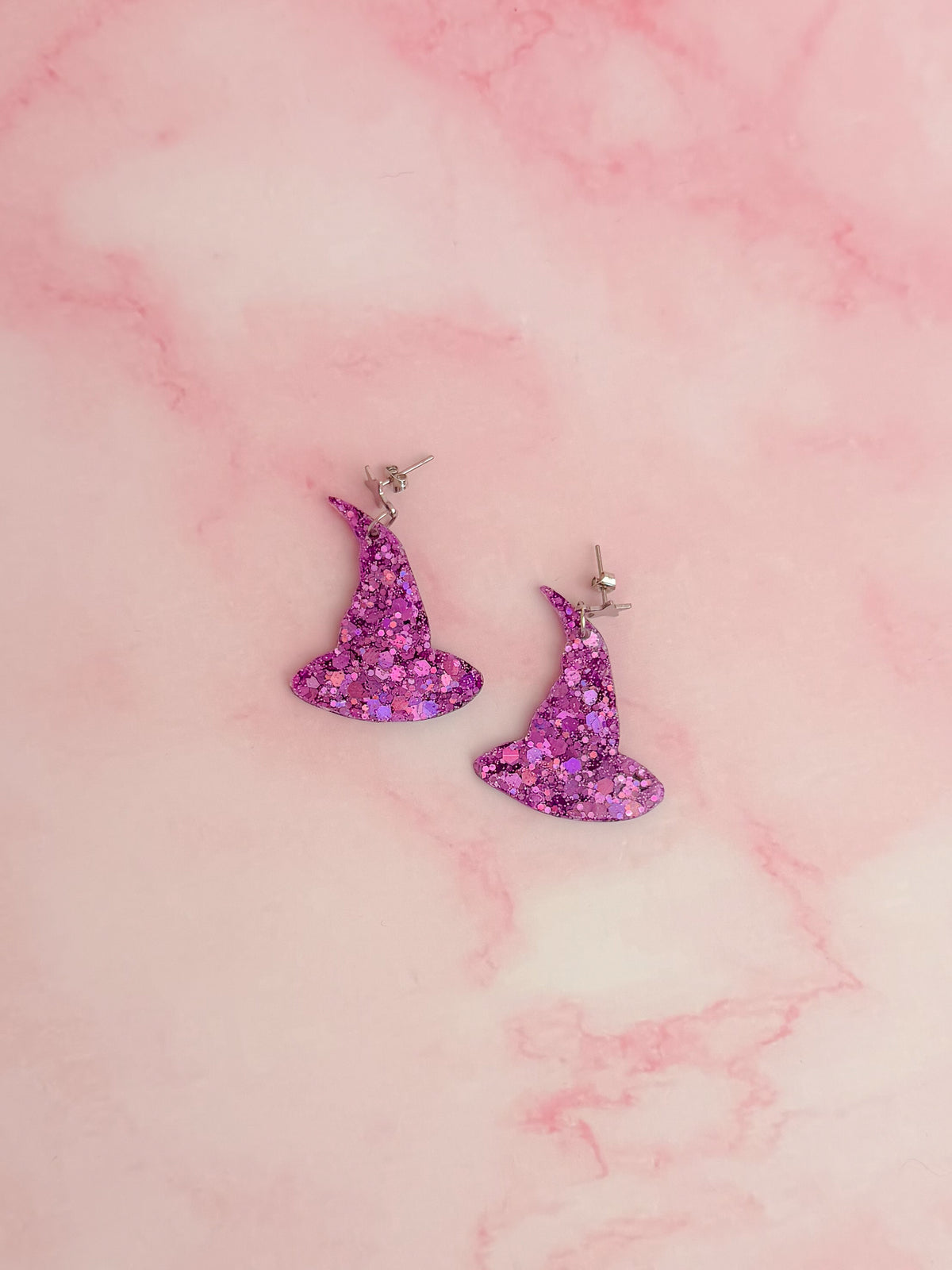 Witcy - Purple glitter witches hat shaped Resin Earrings with Stainless steel star post