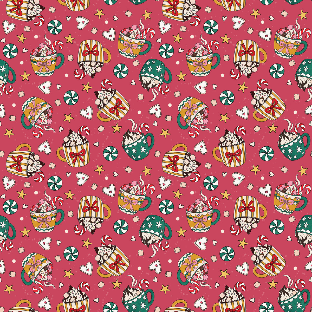 Merry Mug Club - Satin hot chocolate and marshmallow themed Christmas fabric