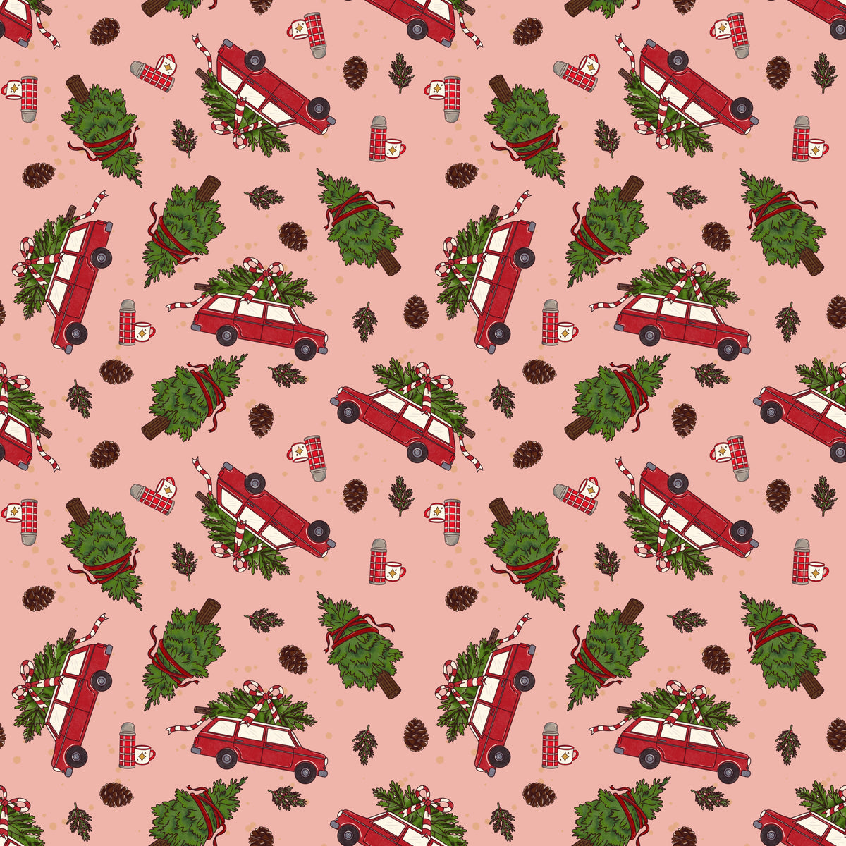 Driving Home for Christmas - Satin Christmas tree picking themed Christmas fabric