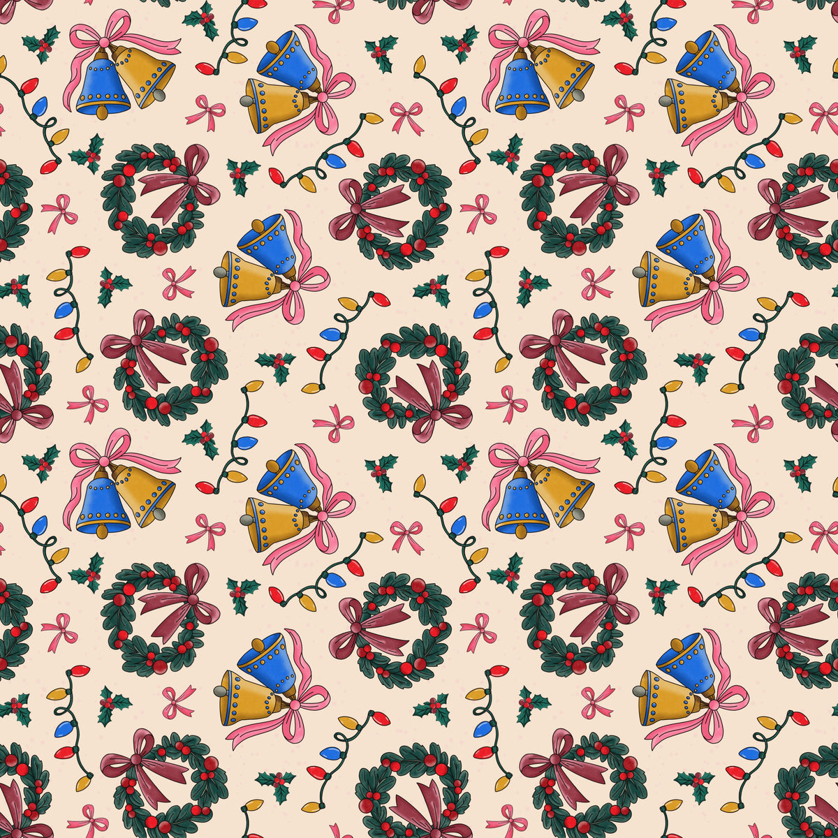 All is Merry and Bright - Satin classic Christmas wreath and bell  themed Christmas fabric
