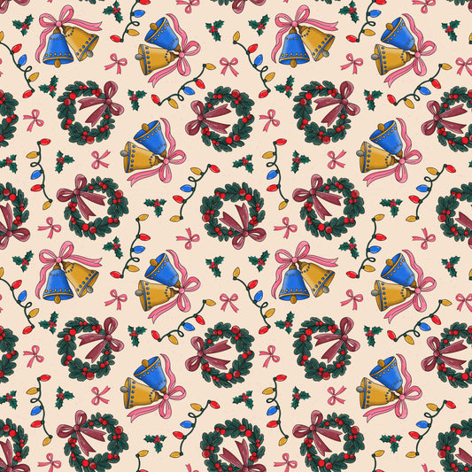 All is Merry and Bright - Satin classic Christmas wreath and bell  themed Christmas fabric